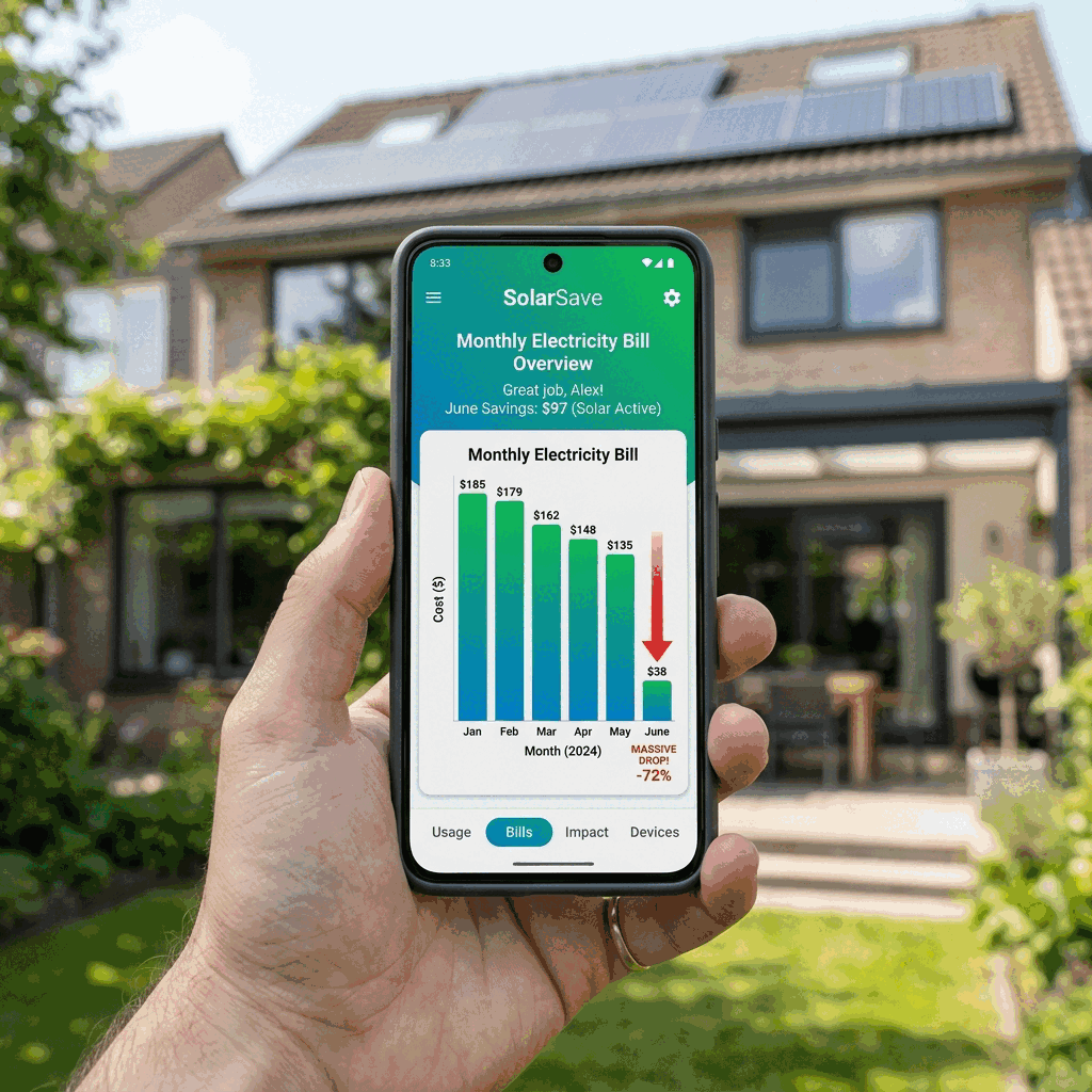 DUNYS Solar Savings Smartphone app showing savings statistics